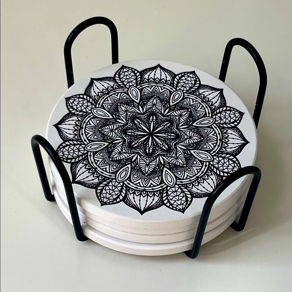 Black/White Mandala Coasters Set of 4 with Holder Boho Home Decor